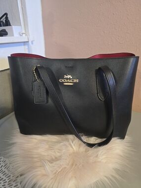COACH Black Leather Tote with Red Interior